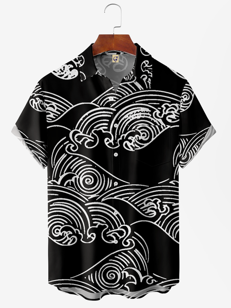 

Japanese Clouds Chest Pocket Short Sleeve Casual Shirt, Black, Men Shirts