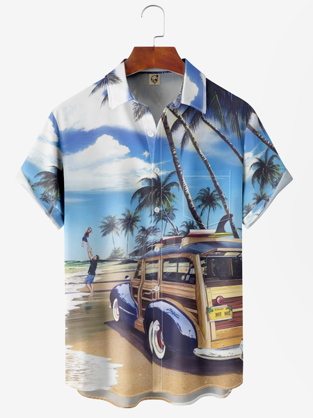Coconut Tree Chest Pocket Short Sleeve Hawaiian Shirt, Blue, Men Shirts