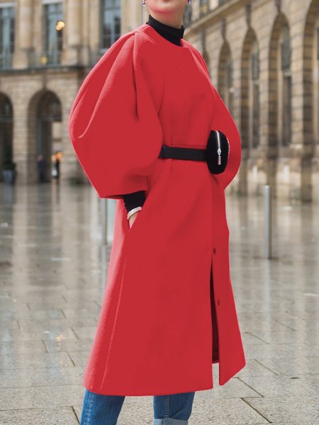 

Elegant Loose Crew Neck Plain Overcoat, Red, Coats
