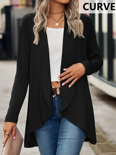 

Plus Size Wrap Loose Casual Plain Coat, Black, Outerwear