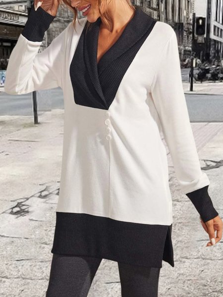 

V Neck Casual Loose Color Block Sweatshirt, Black-white, Tunics