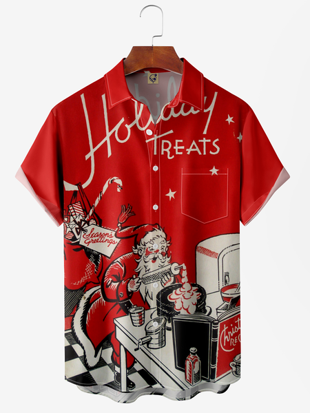 

Santa Claus Chest Pocket Short Sleeve Casual Shirt, Red, Men Shirts