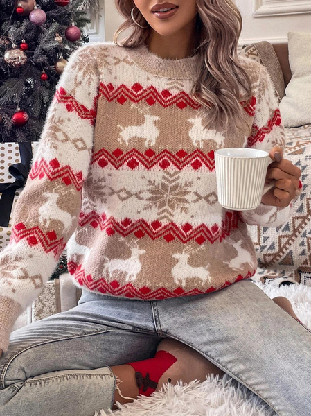 

Casual Wool/Knitting Crew Neck Christmas Sweater, Khaki, Sweaters & Cardigans