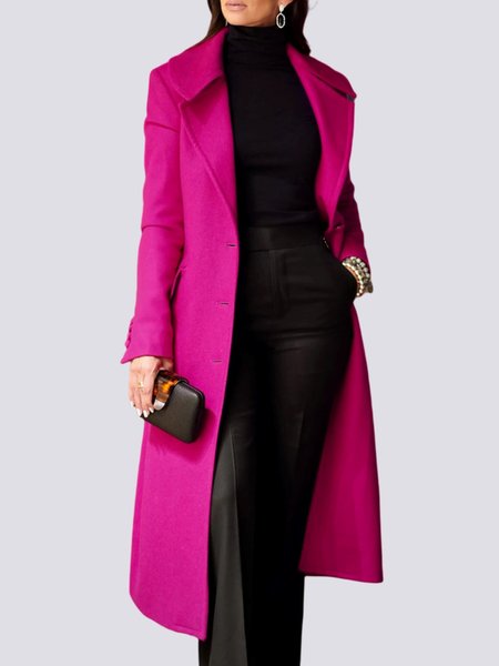 

Urban Plain Lapel Collar Long Sleeve Overcoat, Fuchsia, Outerwear