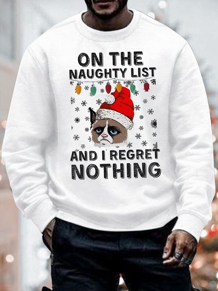 

Mens On The Naughty List And I Regret Nothing Funny Graphics Printed Grumpy Cat Crew Neck Loose Casual Sweatshirt, White, Hoodies&Sweatshirts