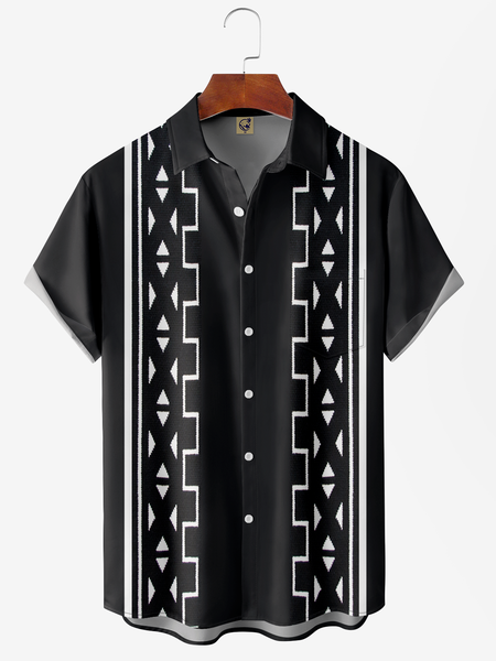 

Geometry Chest Pocket Short Sleeve Bowling Shirt, Black, Men Shirts