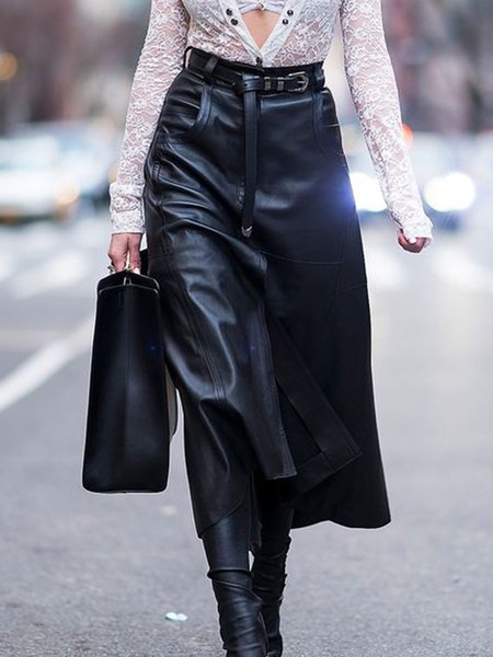 

Regular Fit Plain Simple Pu Skirt, Black, Skirts