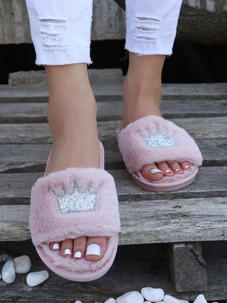 

Glitter Crown Warm Faux Fur Indoor Slippers, Pink, Slippers