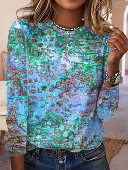 

Loose Abstract Long sleeve Casual T-Shirt, Blue, T-shirts