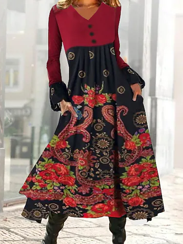 

Ethnic Casual Loose V Neck Dress, Multicolor, Dresses