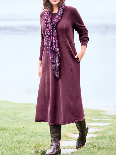

Plain Casual Knitted Dress, Wine red, Midi Dresses