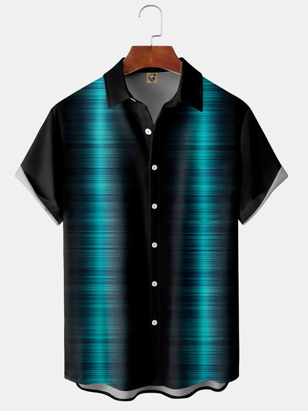 

3D Stripe Chest Pocket Short Sleeve Bowling Shirt, Black, Men Shirts