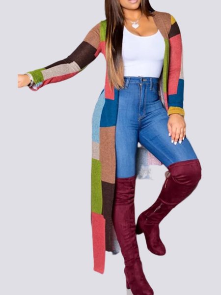 

Checkered/Plaid Long Sleeve Shift Cardigan, As picture, Outerwear
