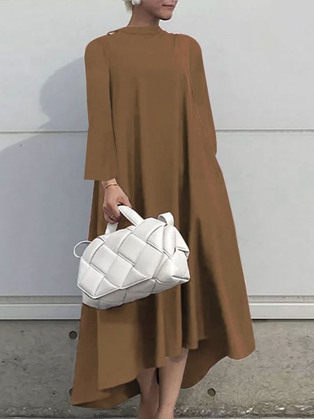 

Plain Long sleeve Stand Collar Simple Regular Fit Dress, Coffee, Midi Dresses