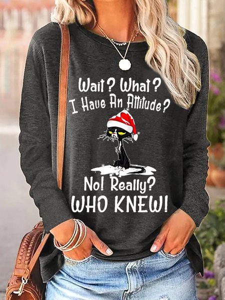 

Women Funny I Have An Attitude Simple Christmas Crew Neck Long sleeve Top, Gray, Long sleeves