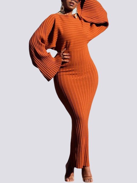 

Elegant Long sleeve Tight Long Dress, Rust, Dresses