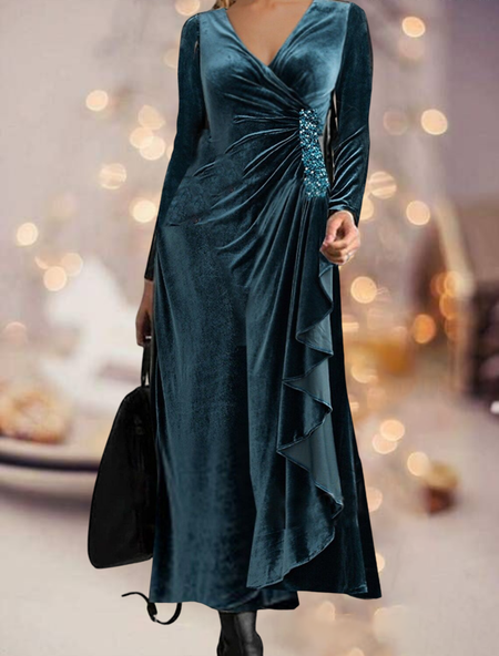 

Elegant Velvet Plain Party Dress, Lake blue, Maxi Dresses