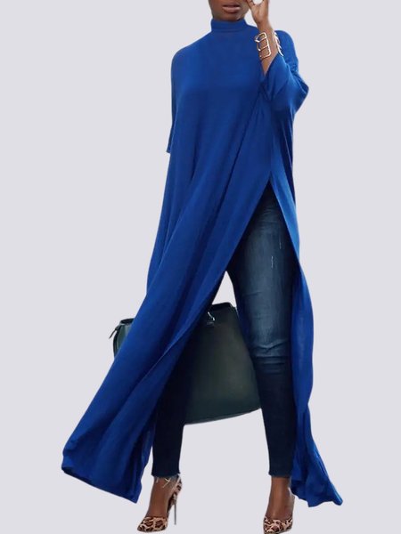 

Stand Collar Loose Three Quarter Urban Top, Blue, Tops