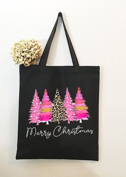 

Christmas Tree Graphic Print Shopping Tote, Black, Bags