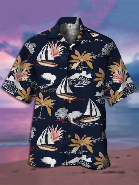 

Coconut Tree Short Sleeve Hawaiian Shirt, Blue, Men Shirts