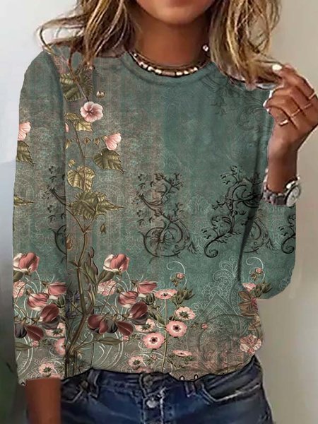 Casual Crew Neck Floral T Shirt
