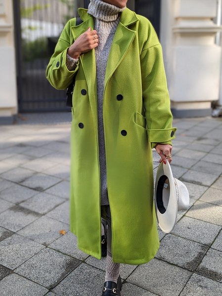 

Casual Plain Woolen Shawl Collar Overcoat, Green, Trench Coats