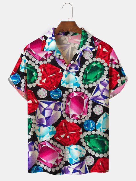 

Mardi Gras Carnival Diamond Short Sleeve Camp Shirt, Black, Men Shirts