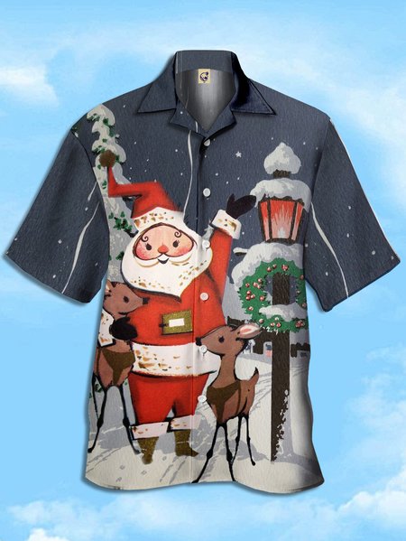 

Santa Short Sleeve Camp Shirt, Blue, Men Shirts