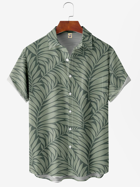 

Leaves Chest Pocket Short Sleeve Hawaiian Shirt, Green, Men Shirts