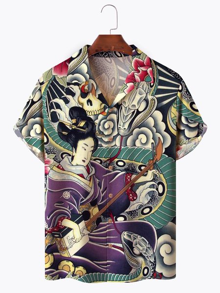 

Japanese Ukiyoe Beauty Short Sleeve Aloha Shirt, Khaki, Men Shirts