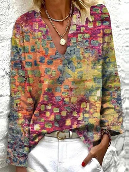 

V Neck Casual Geometric Top, Multicolor, Tops
