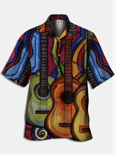

Guitar Short Sleeve Casual Shirt, Blue, Men Shirts