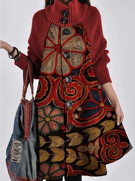 

Casual Floral Turtleneck Regular Fit Other Coat, Red, Coats