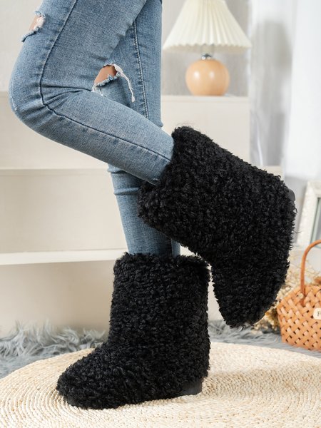

Plus Size Plain Faux Lamb Wool Warm Snow Boots, Black, Boots