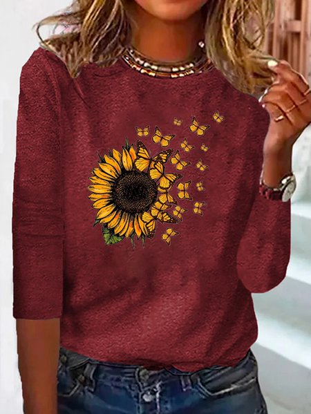 

Sunflower Long sleeve Crew Neck T-Shirt, Red, Tops