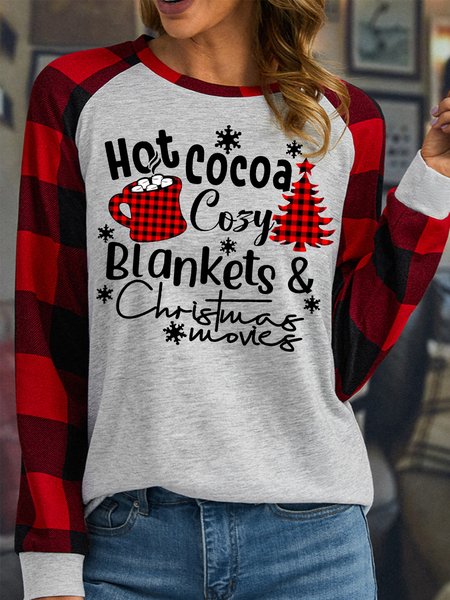 

Women's Christmas Hot Cocoa Cozy Blankets And Christmas Movies Buffalo Plaid Graphic Print Merry Christmas Loose Crew Neck Top, White, Long sleeves