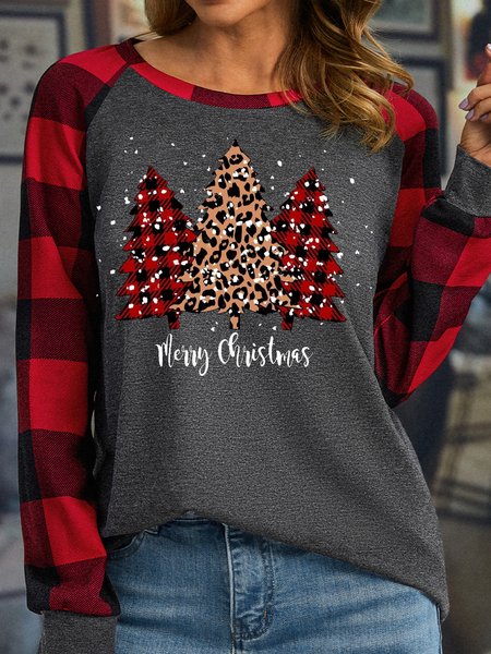 

Womens Buffalo Plaid Merry Christmas Casual Christmas Top, Gray, Long sleeves
