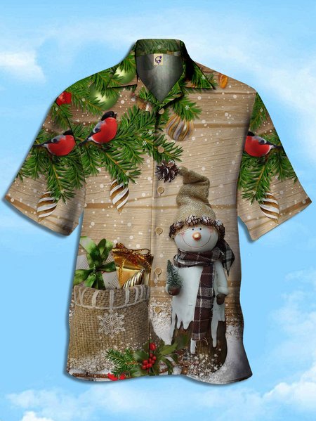 

Christmas Snowman Short Sleeve Camp Shirt, Khaki, Men Shirts