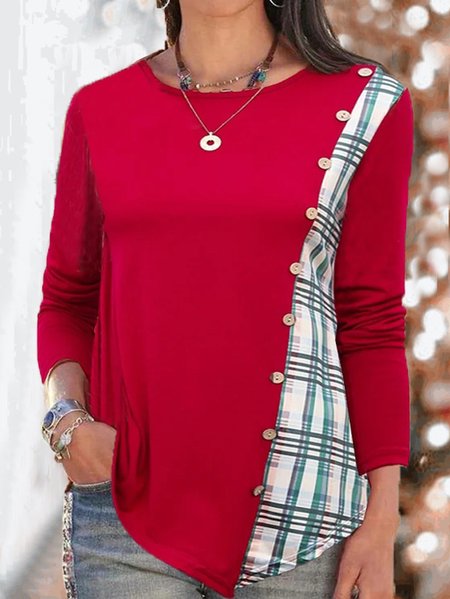 

Crew Neck Plaid Color Block Loose Top, Red, Tops