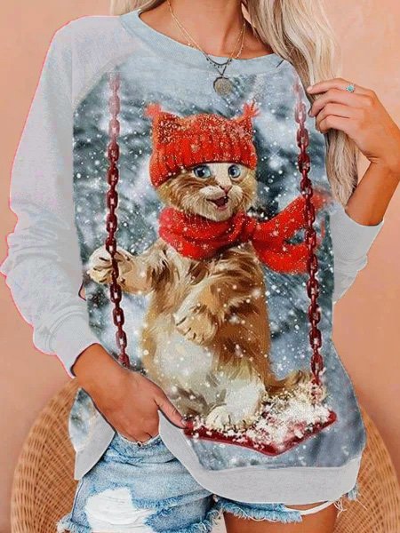 

Swing Cat Raglan Sleeve Crew Neck Loose Sweatshirt, Gray, Sweatshirts & Hoodies