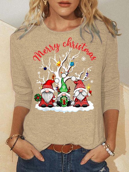 

Women Merry Christmas Gnomes Cotton-Blend Top, Beige, Long sleeves