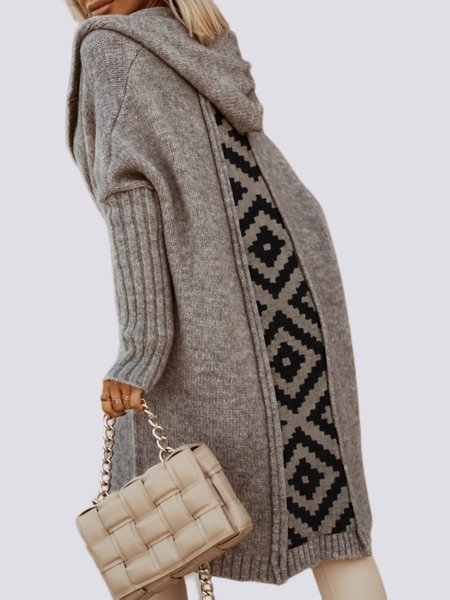 

Loose Geometric Urban Hoodie Long sleeve Sweater Mid-long Coat, Gray, Outerwear