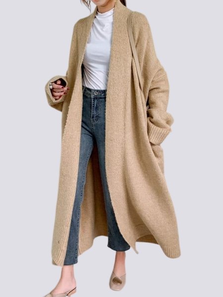 

Plain V Neck Loose V neck Long sleeve Mid-long Sweater Coat, Khaki, Outerwear