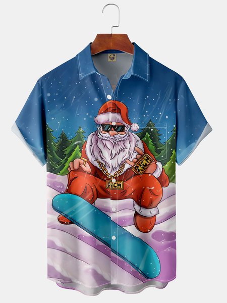 

Santa Claus Skateboarding Chest Pocket Short Sleeve Casual Shirt, Blue, Short Sleeve Shirts