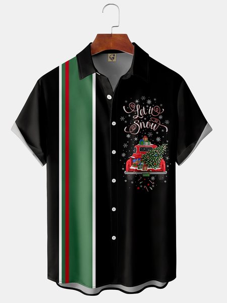 

Christmas Snow Chest Pocket Short Sleeve Bowling Shirt, Black, Short Sleeve Shirts