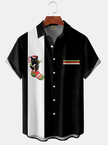 

Christmas Socks Cat Chest Pocket Short Sleeve Casual Shirt, Black, Men Shirts