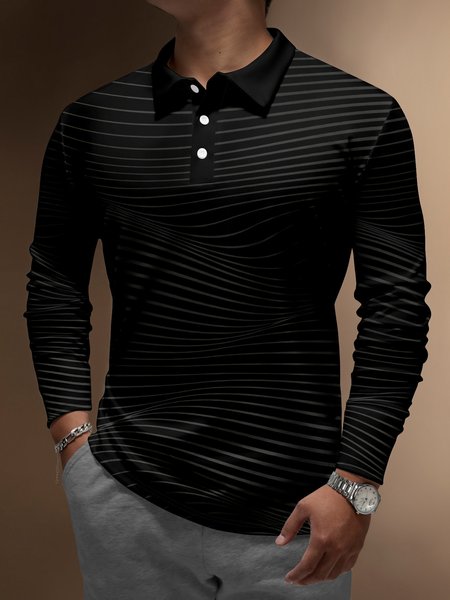 

Abstract Line Buttons Long Sleeve Polo, Black, Polo Shirts