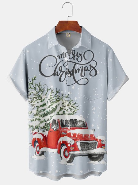 

Christmas Car Chest Pocket Short Sleeve Casual Shirt, Gray, Short Sleeve Shirts