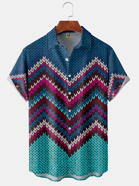 

Chest Pocket Short Sleeve Ugly Christmas Shirt, Blue, Men Shirts
