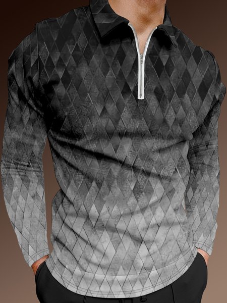 

Gradient Diamond Colorblock Zip Long Sleeve Polo, Dark gray, Men's t-shirts